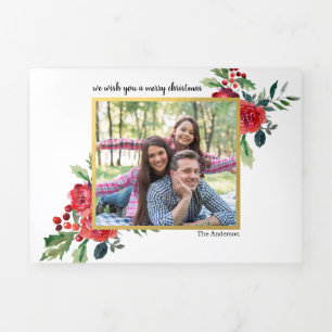 Carte De Fin D'année Trois Volets Baies florales rouges et or Noël Multi Photo