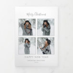 Carte De Fin D'année Trois Volets Chevron minimaliste de Noël multi-photo Grey<br><div class="desc">Design moderne minimaliste et élégant avec quatre modèle photo avec quatre lignes de texte modifiable pour vos salutations personnelles à l'avant. À l'intérieur,  il y a des modèles photo supplémentaires,  des champs de texte et un simple arrière - plan motif blanc et gris chevron.</div>