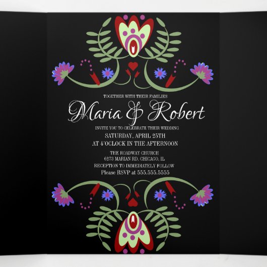 Carte De Fin D'année Trois Volets Coeurs de fleurs folk Mariages mexicains (Intérieur au milieu)