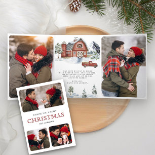 Carte De Fin D'année Trois Volets Collage de Noël de grange rouge enneigée en forêt