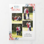 Carte De Fin D'année Trois Volets Coral Berries oiseau Noël photo collage<br><div class="desc">Fruits de corail et oiseau Noël photo collage triple lettre carte pliable. La couverture de cette carte contient le texte "Joyeux Noël" et un montage photo de quatre photos. Les coins sont recouverts de corail, de baies rouges et de feuilles bleus. Le rabat présente une photo de votre famille, des...</div>