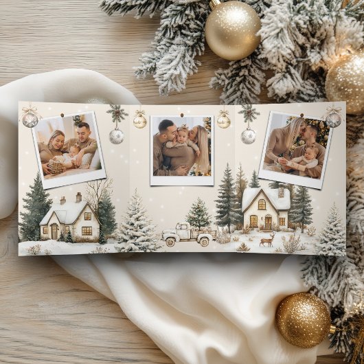 Carte De Fin D'année Trois Volets Cottages neige Village d'hiver 4 Photo Noël