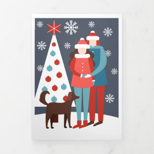 Carte De Fin D'année Trois Volets Couple De Noël Avec Chien Et Arbre Personnalisé