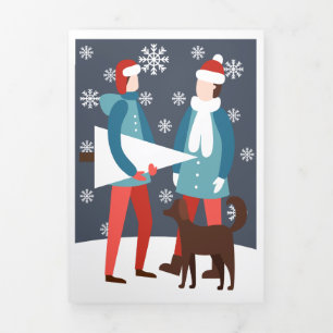 Carte De Fin D'année Trois Volets Couple gay Noël Chien et arbre personnalisé