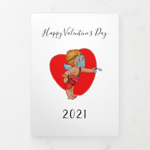 Carte De Fin D'année Trois Volets drôle de masque cupide covid 2021 coeur valentine