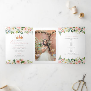 Carte De Fin D'année Trois Volets Élégant et doux Blush rose Floral Quinceañera