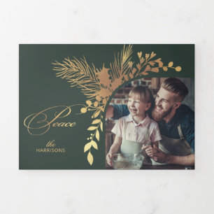 Carte De Fin D'année Trois Volets Elégant Gold Peace Calligraphy Botanique Photo