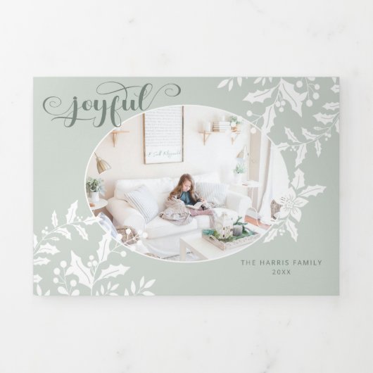 Carte De Fin D'année Trois Volets Élégant Holly Blanc sur Vert avec Calligraphie Pho (Page de couverture)