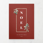 Carte De Fin D'année Trois Volets Elégant NOEL Gold Winter Berry Frame Photo<br><div class="desc">Cadre élégant en faux or pâle orné de branches de baies d'hiver sur des arrière - plans festifs de couleur rouge rustique. Caractéristiques de design,  encadré en caractères gras NOEL,  lignes de texte modèles pour les noms,  l'année et les messages avec 5 espaces photo à l'intérieur.</div>