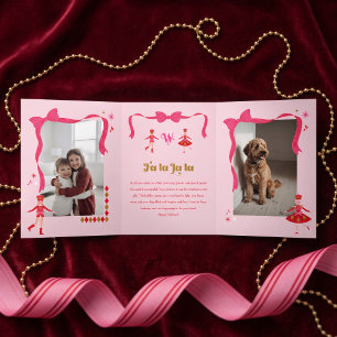 Carte De Fin D'année Trois Volets Fa La La Casse-Noisette Ballet Nœud Rose Photo Noë
