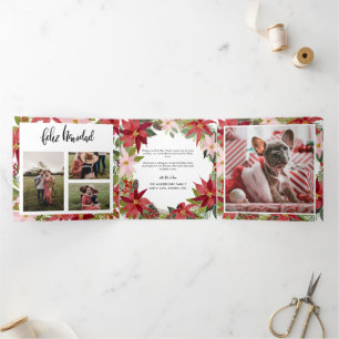 Carte De Fin D'année Trois Volets Feliz Navidad Photo de la famille Florale Poinse