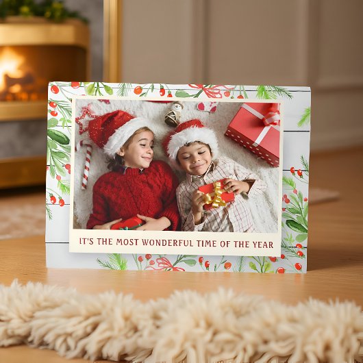 Carte De Fin D'année Trois Volets Fête de Noël photo feuillage aquarelle bois rustiq