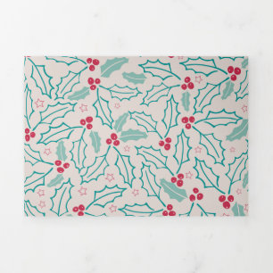 Carte De Fin D'année Trois Volets Feu de Noël à la main Baies blanches rouges vertes