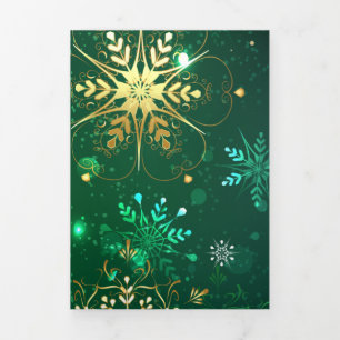 Carte De Fin D'année Trois Volets Flocons de neige dorés de Noël sur fond vert