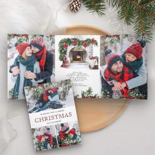 Carte De Fin D'année Trois Volets Foyer Floral Poinsettia Photo Noël