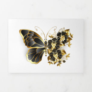 Carte De Fin D'année Trois Volets Gold flower Butterfly with Black Orchid