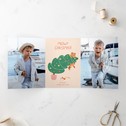 Carte De Fin D'année Trois Volets Joyeux Noël félin - Drôle de chat espiègle (Intérieur)