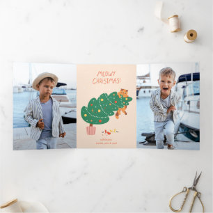 Carte De Fin D'année Trois Volets Meowny Christmas - Mischievous Feline Fun