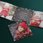 Carte De Fin D'année Trois Volets Merry Magic | Rustic Snowflake Multi Photo<br><div class="desc">Add a total of five photos to this festive, rustic holiday photo card design in a unique trifold layout adorned with white snowflakes, chalkboard backgrounds and festive hunter green accents. Front features a full bleed photo with a snowflake overlay and "Merry Christmas" in hand sketched lettering. Personalize the inside with...</div>