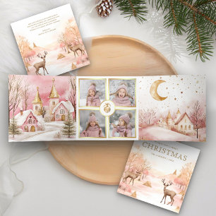 Carte De Fin D'année Trois Volets Merveilleux Pays des merveilles hivernales rose 4 