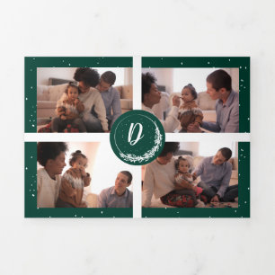 Carte De Fin D'année Trois Volets Monogramme Green Snowy Pine Tree Forest 6 Photo