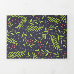 Carte De Fin D'année Trois Volets Noël Cypress Snowflakes Berries Fleurs rouges