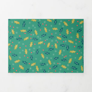 Carte De Fin D'année Trois Volets Noël Holly Feuilles & Berries avec Snowflakes