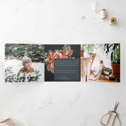 Carte De Fin D'année Trois Volets Paix Noël Poinsettia Navy Noir Pin 3 Photo (Intérieur)