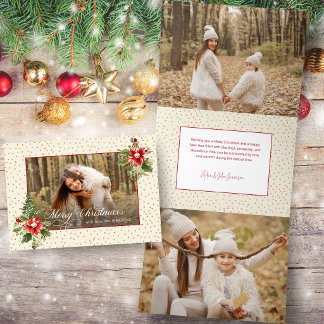 Carte De Fin D'année Trois Volets Photo de Noël Floral Rétro Vintage Couleur Vive