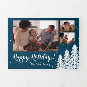 Carte De Fin D'année Trois Volets Pin de neige bleu 5 photos vacances