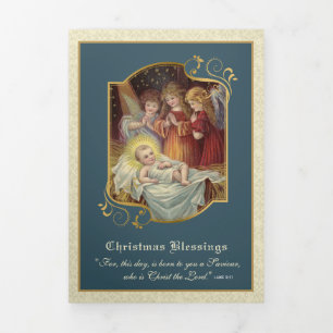 Carte De Fin D'année Trois Volets Poème de Noël religieux Jésus Anges