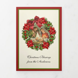 Carte De Fin D'année Trois Volets Religieux Jésus Marie Joseph Nativité Poinsettia 