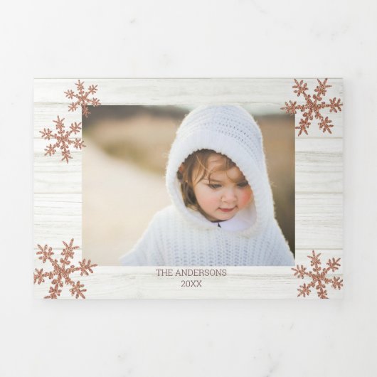 Carte De Fin D'année Trois Volets Rose Gold Snowflake Rustique Noël 5 Photo (Page de couverture)