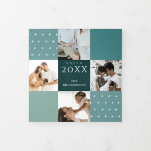 Carte De Fin D'année Trois Volets Vert Bleu Sarcelle Carreaux 7 Photo Bonjour 2022 N