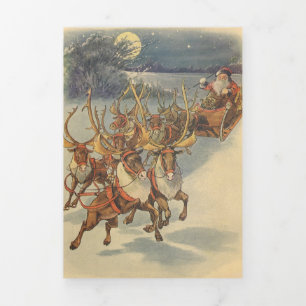 Carte De Fin D'année Trois Volets Vintage Noël Père Noël Sleigh avec Reindeer