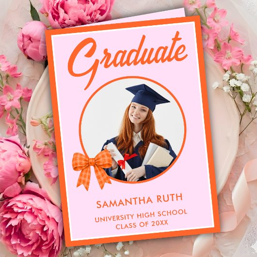 Carte de fin d'études à ruban gingham orange 