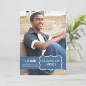 Carte de fin d'études étiquette bleue tendance pro (Debout devant)