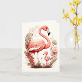Carte de flamant rose mignon adorable mère et bébé (Fleur jaune)