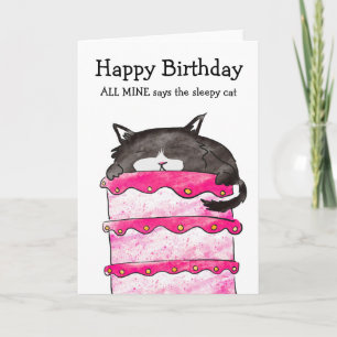 Carte de gâteau d'anniversaire de chat endormi