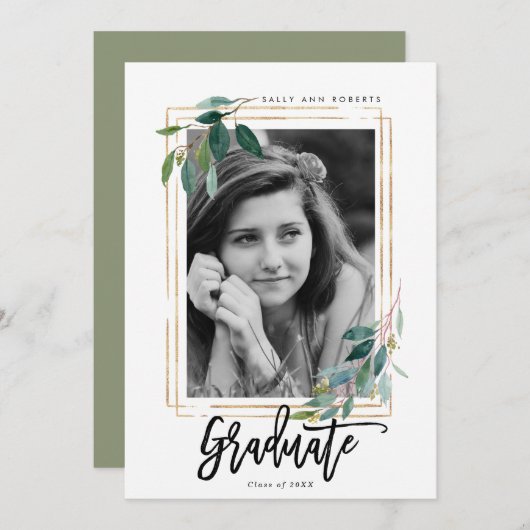 carte de graduation photo cadre en faux or vert (Devant / Derrière)