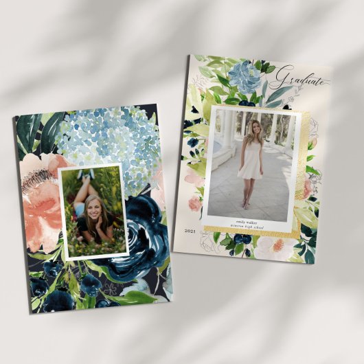 Carte de graduation photo florale bleu nuit