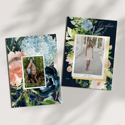 Carte de graduation photo florale bleu nuit