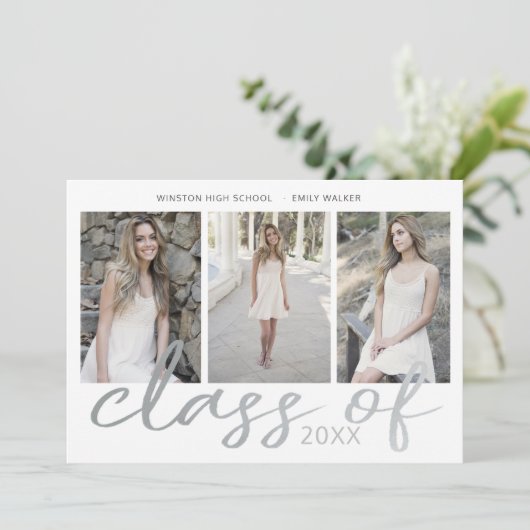 Carte de graduation photo Silver Whimsical Script (Debout devant)