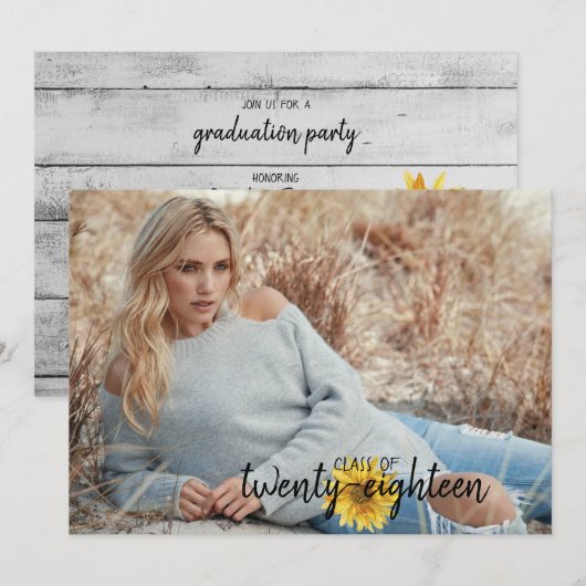 Carte de Graduation Rustique White Wood Sunflowers (Devant / Derrière)