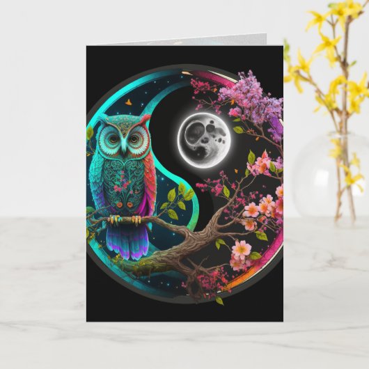 Carte de graphisme de chouette et de lune (Fleur jaune)