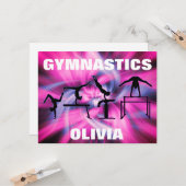 Carte de gymnastique rose et violet (Devant/Arrière en situation)