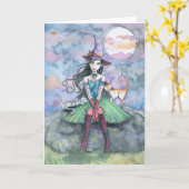 Carte de Halloween de chat sorcière par Molly Harr (Fleur jaune)