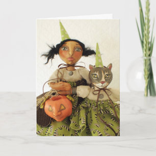 Carte de Halloween de fille et de chat de partie
