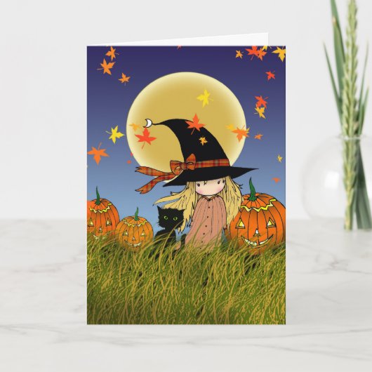 Carte de Halloween de petite sorcière et chat noir (Devant)