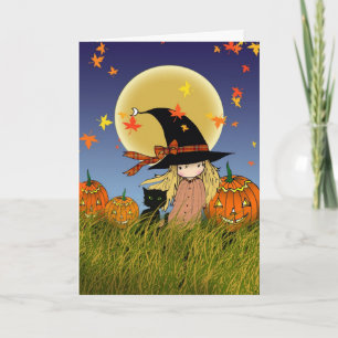 Carte de Halloween de petite sorcière et chat noir